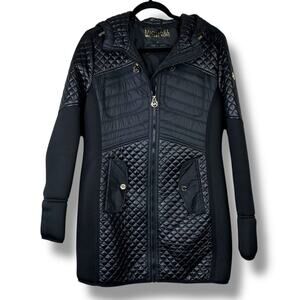 MICHAEL Michael Kores Black Quilted Knit-Panel Mixed-Media Puffer Coat Medium
